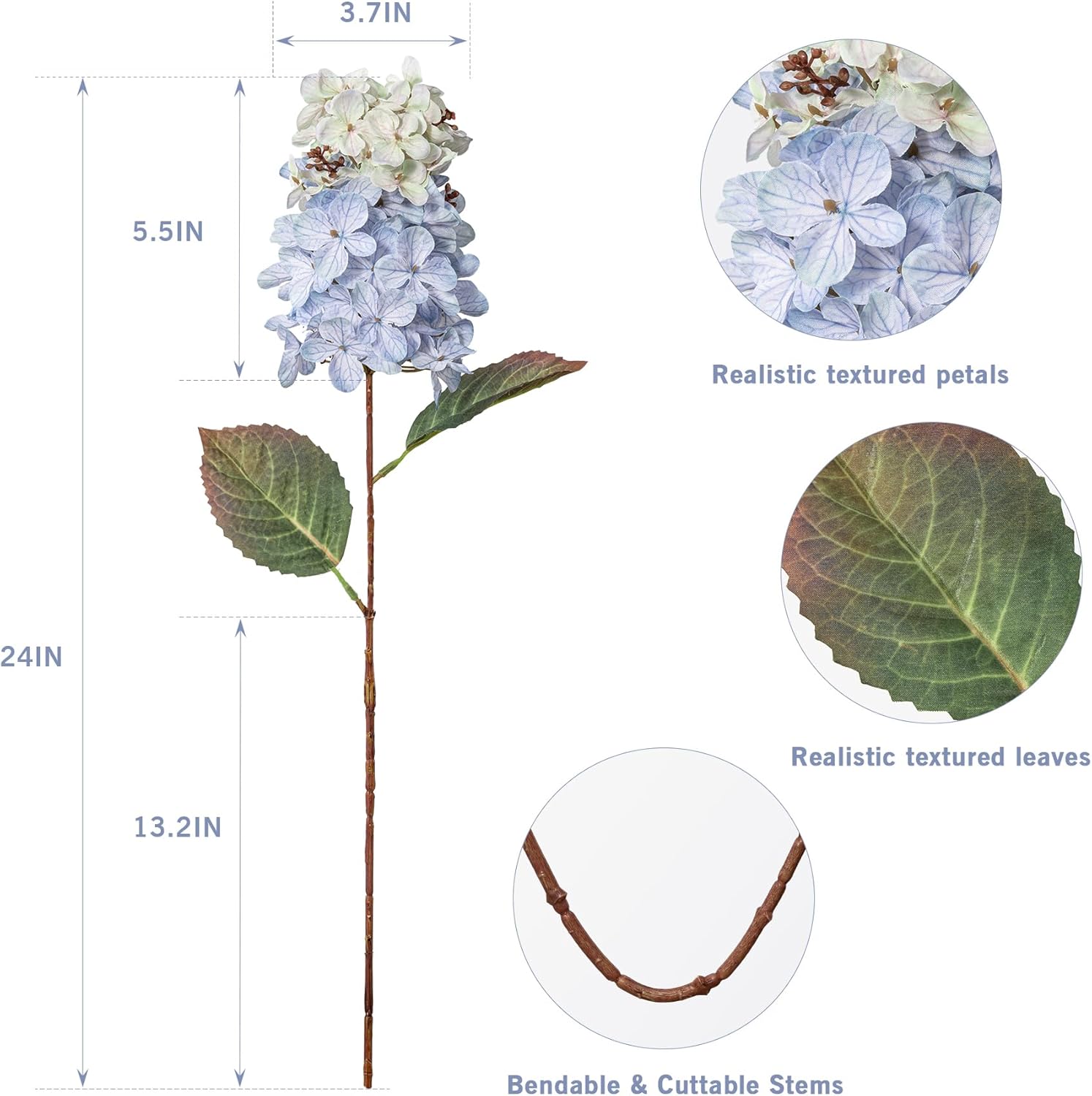 Hydrangea Artificial Flowers,Fall Hydrangeas Artificial Flowers,Blue Fake Fall Dried Hydrangea Flowers Decoration,Faux Silk Flower with Stems Winter Decor(Blue 24" 8pcs) Without Vase - Image 3