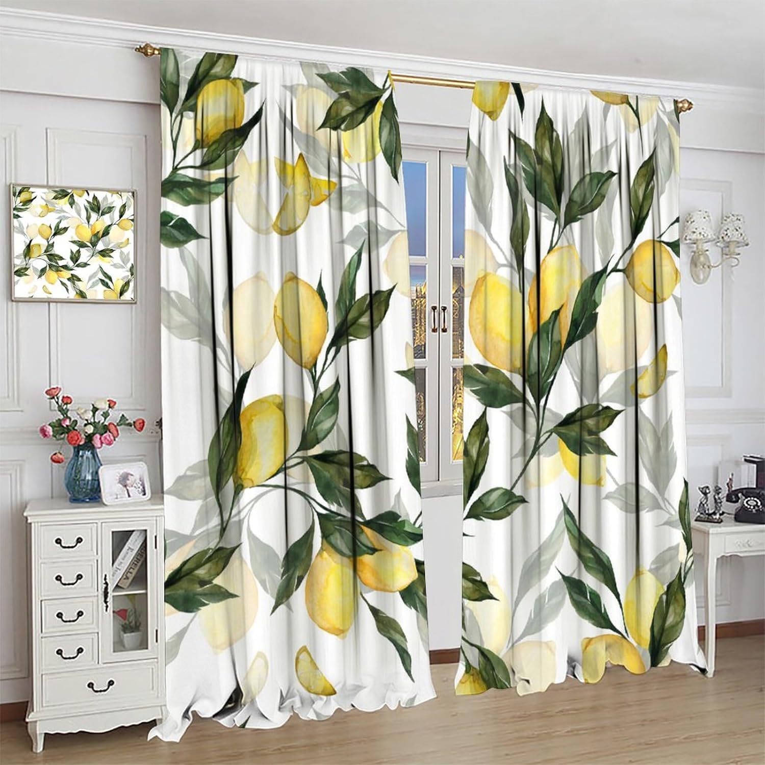 Lemon Curtain Watercolor Fruits Green Leaves Plant Pattern Blackout Print Rod Pocket Window Drapes for Bedroom Living Room 52x84in