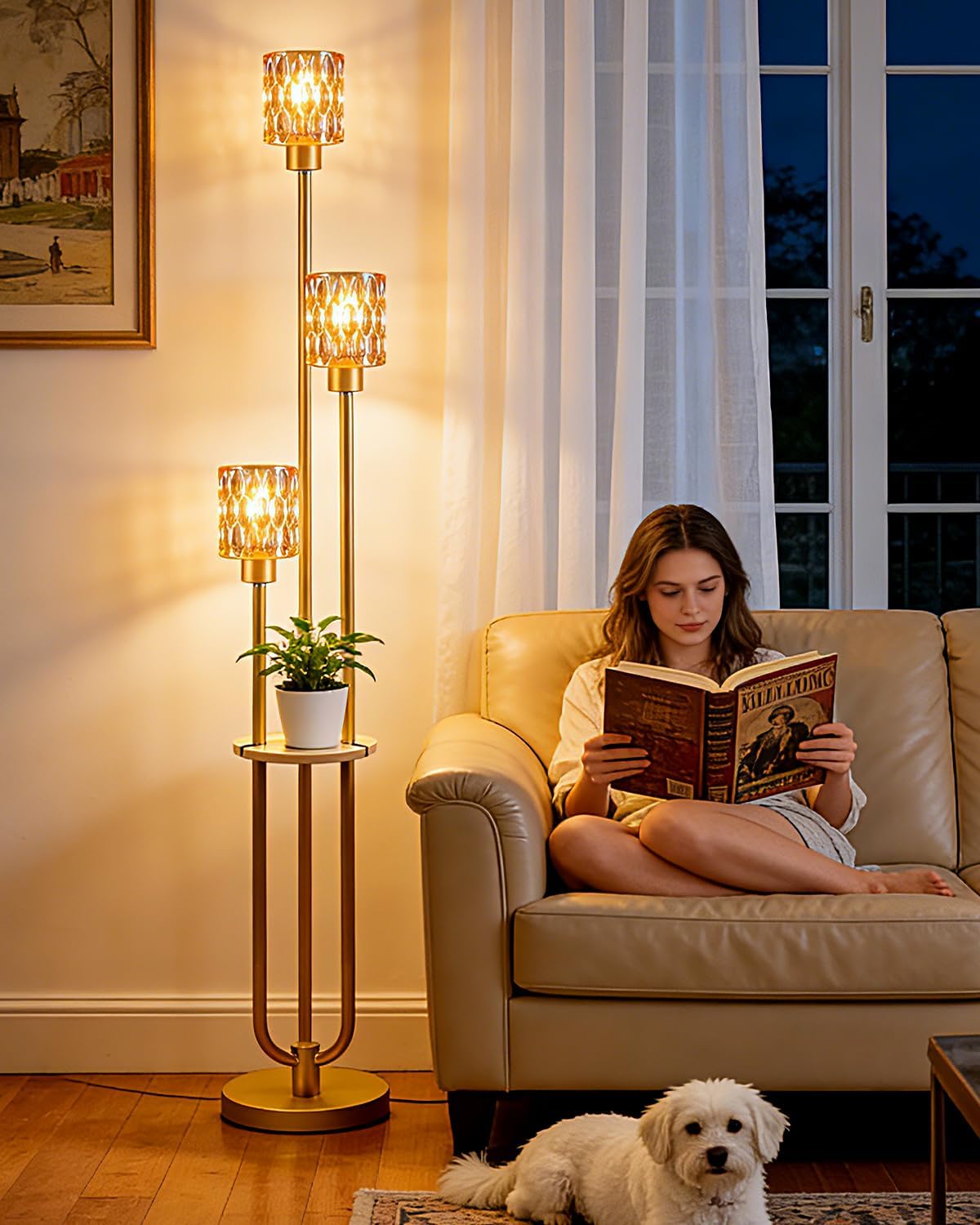 62IN Gold Floor Lamp with Amber Glass Shade 3-Lights Mid-Century Modern Farmhouse Floor Lamps with 3000K Soft Warm White Bulbs, Tall Standing Lamp for Living Room/Bedroom/Corner