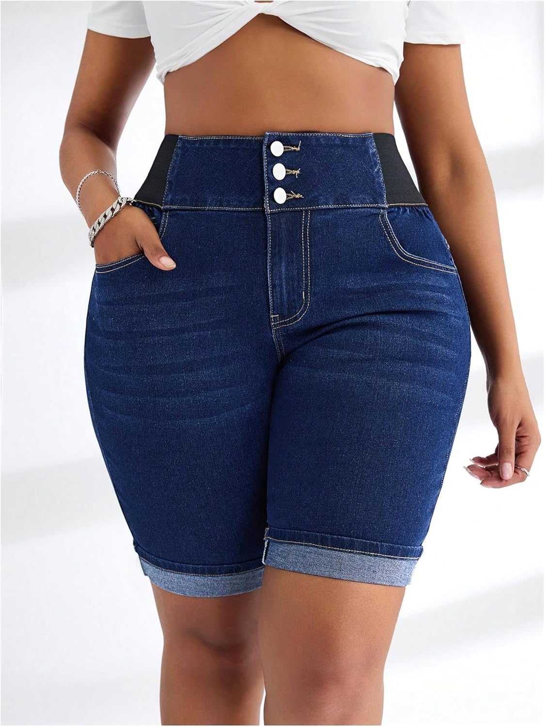 GORGLITTER Women's Plus Size Jean Shorts Stretchy High Waist Roll Hem Denim Bermuda Shorts Bottoms Dressy Casual - Image 5