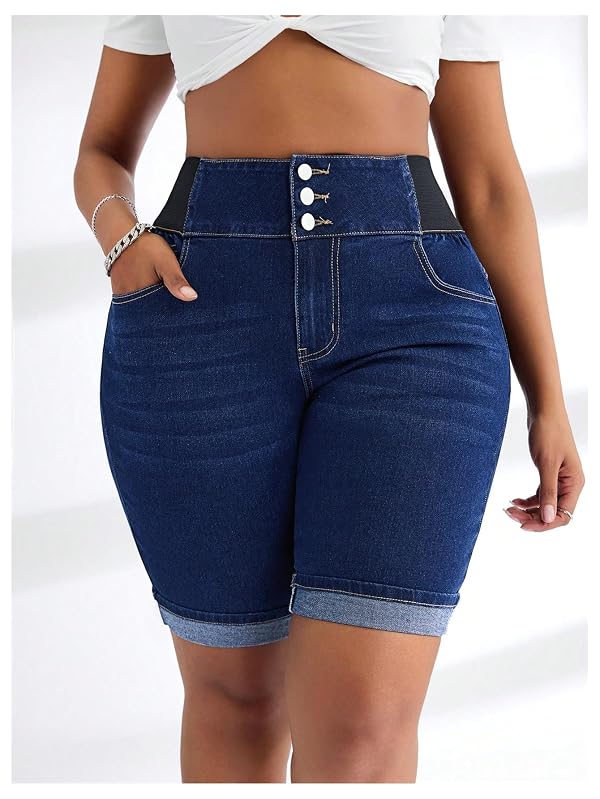 GORGLITTER Women's Plus Size Jean Shorts Stretchy High Waist Roll Hem Denim Bermuda Shorts Bottoms Dressy Casual Blue X-Large Plus by GORGLITTER - Used condition - Image 5