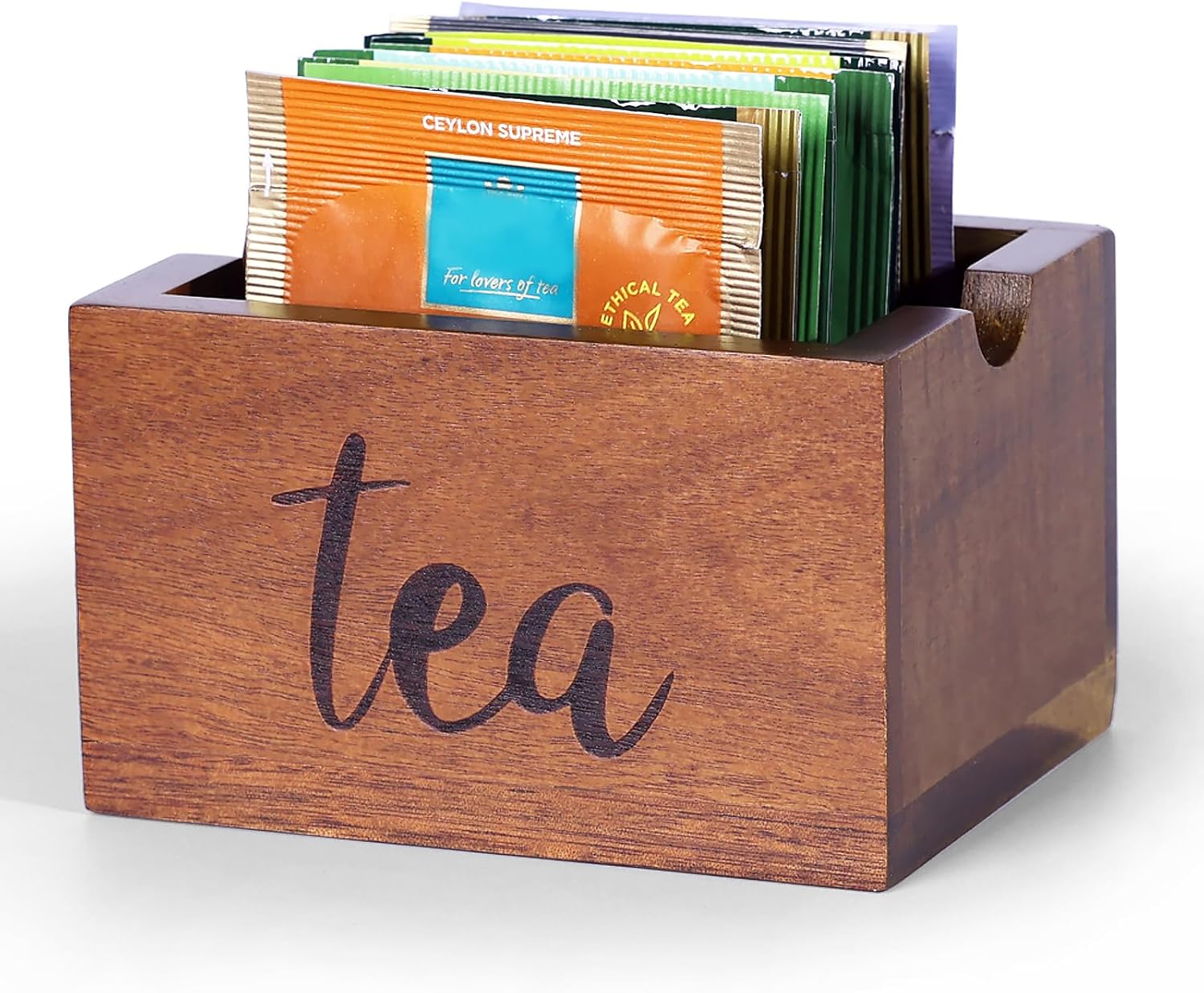 Acacia Sugar Packet Caddy for Coffee Bar, Farmhouse Wood Sugar Holder Packets , Sugar Packet Container, Small Tea Bag Organizer for Office Table,Hotel, Restaurant, Brown Labeled "Tea"
