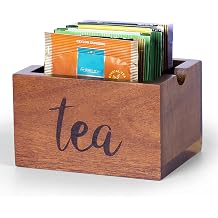 Acacia Sugar Packet Caddy for Coffee Bar, Farmhouse Wood Sugar Holder Packets , Sugar Packet Container, Small Tea Bag Organizer for Office Table,Hotel, Restaurant, Brown Labeled "Tea"