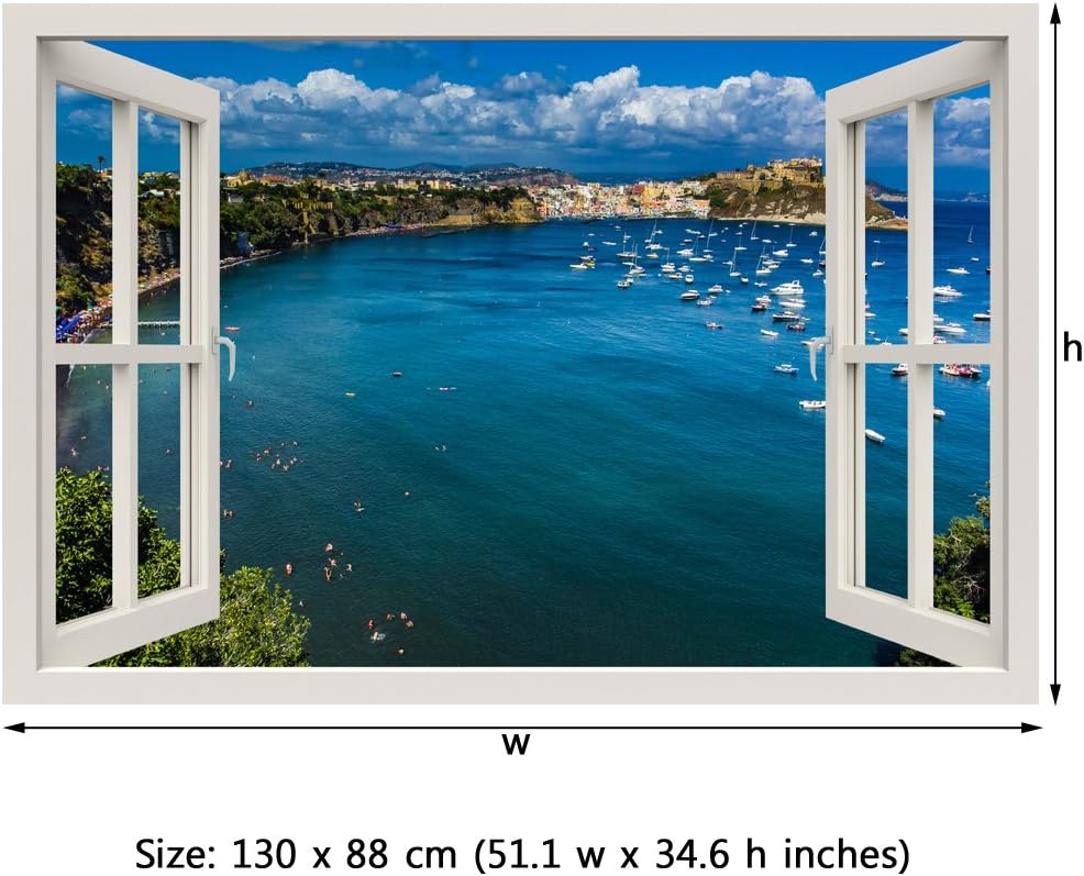 RoyalWallSkins Window Frame Mural Beautiful Island - Huge Size - Peel and Stick Fabric Illusion 3D Wall Decal Photo Sticker