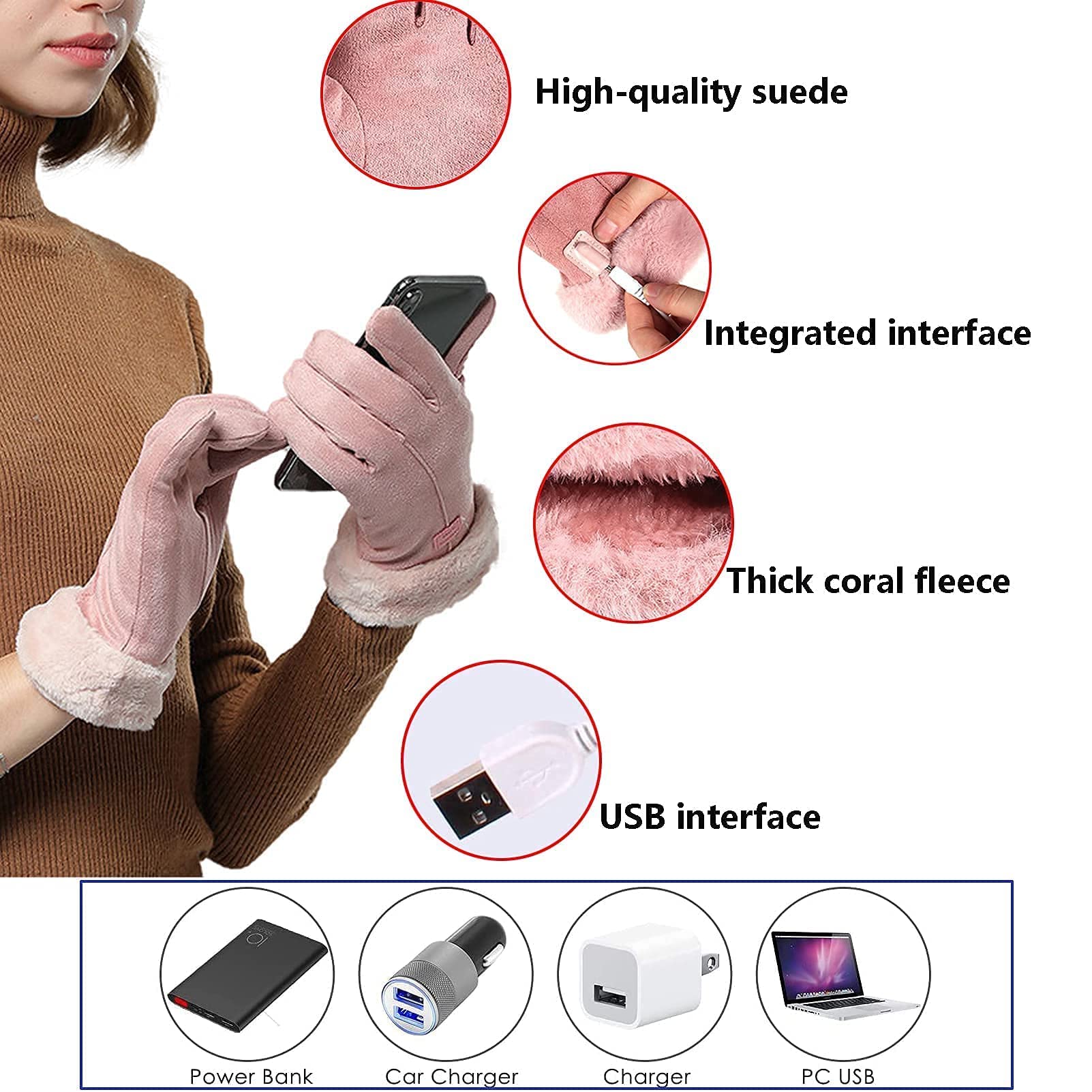 Guantes térmicos Recargables USB, Guantes de esquí eléctricos con 3 Niveles de Calentamiento Guantes de Pantalla táctil para Mujer Guantes térmicos de Invierno Calentadores de Mano