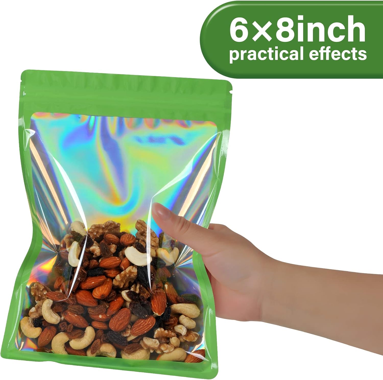 EONJOE 100-pack 6×8 inch mylar bags with clear window holographic resealable sealable packaging zip bag for small bussiness jewelry candy sample food packing supplies （green） image 3