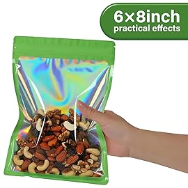 EONJOE 100-pack 68 inch mylar bags with clear window holographic resealable sealable packaging zip bag for small bussiness jewelry candy sample food packing supplies green