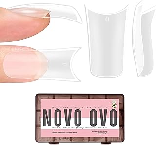 NOVO OVO Halloween Extra Thick Duck Feet Nail Tips Full Cover for Press on Acrylic with Moon Curve, Medim Long Clear Pre-Etched Matte Flare Wide French Soft Gel False Nail Extension x 15 Sizes 150 pcs