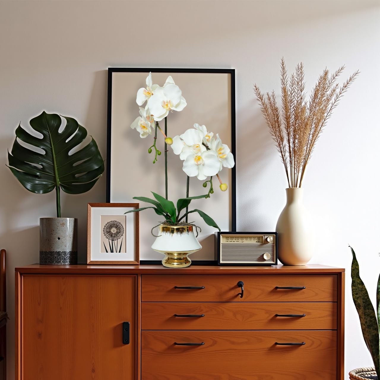 CXGS Orchids Artificial Flowers Realistic Fake Flowers in Ceramic Vase 20" White Faux Plants Indoor Lifelike Soft PU Phalaenopsis for Centerpiece Hotel Home Decor