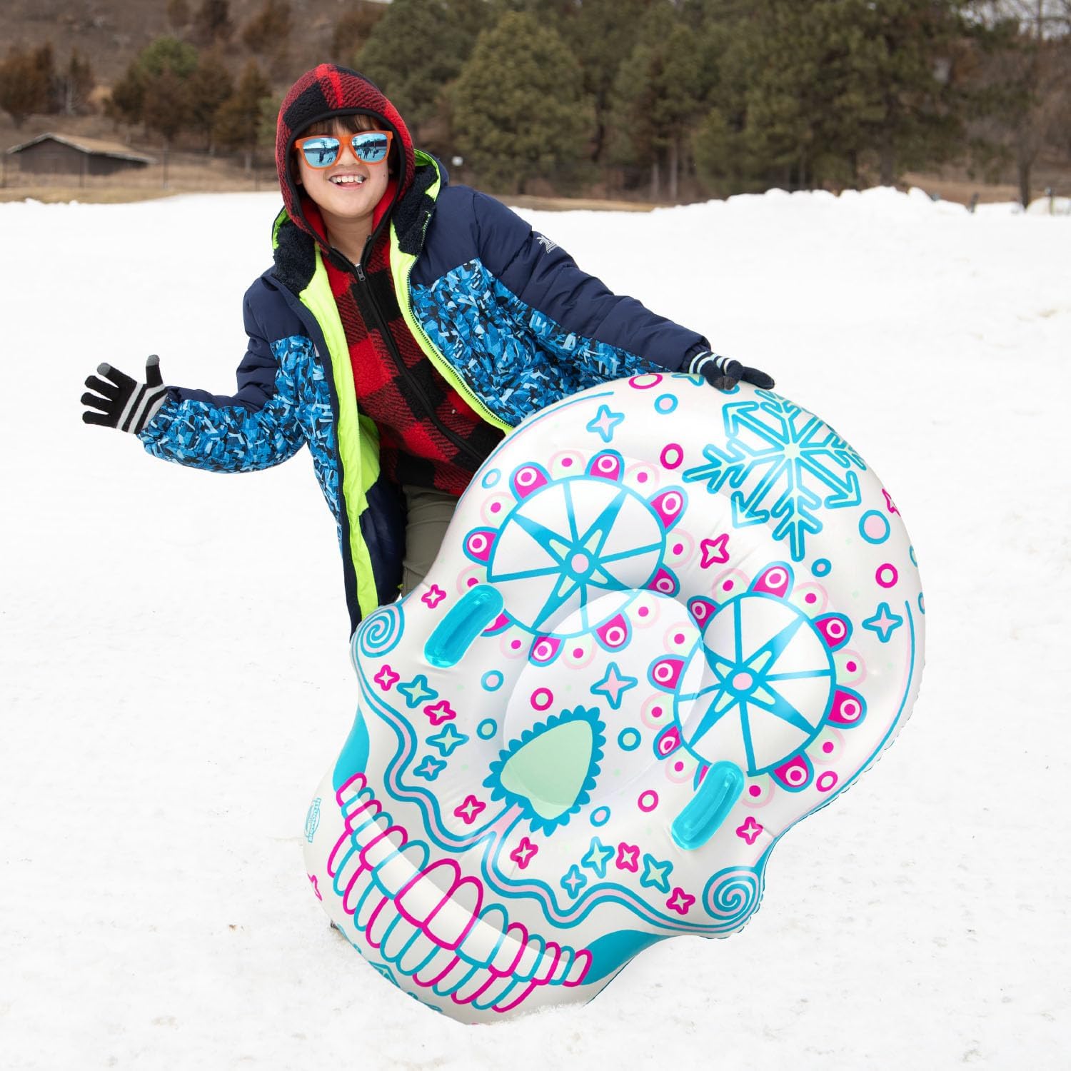BigMouth Inc. 4 ft Inflatable Snow Tube for Kids and Adults, Heavy Duty PVC Sled for Tubing & Sledding, Easy Grip Handles, Easy Deflate and Store - Sugar Skull