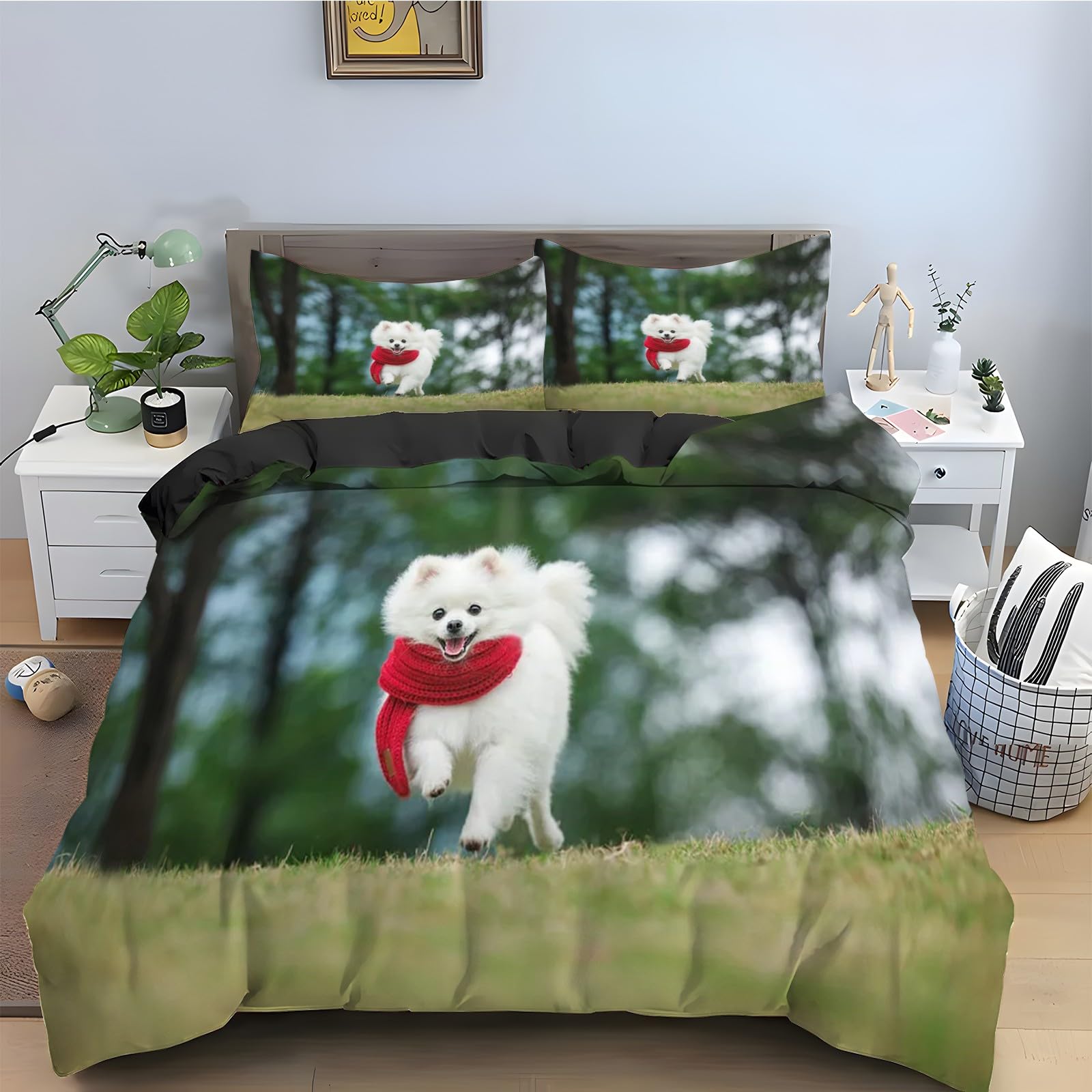 Housse de couette 220x240 Poméranien avec 2 taies d'oreiller microfibre