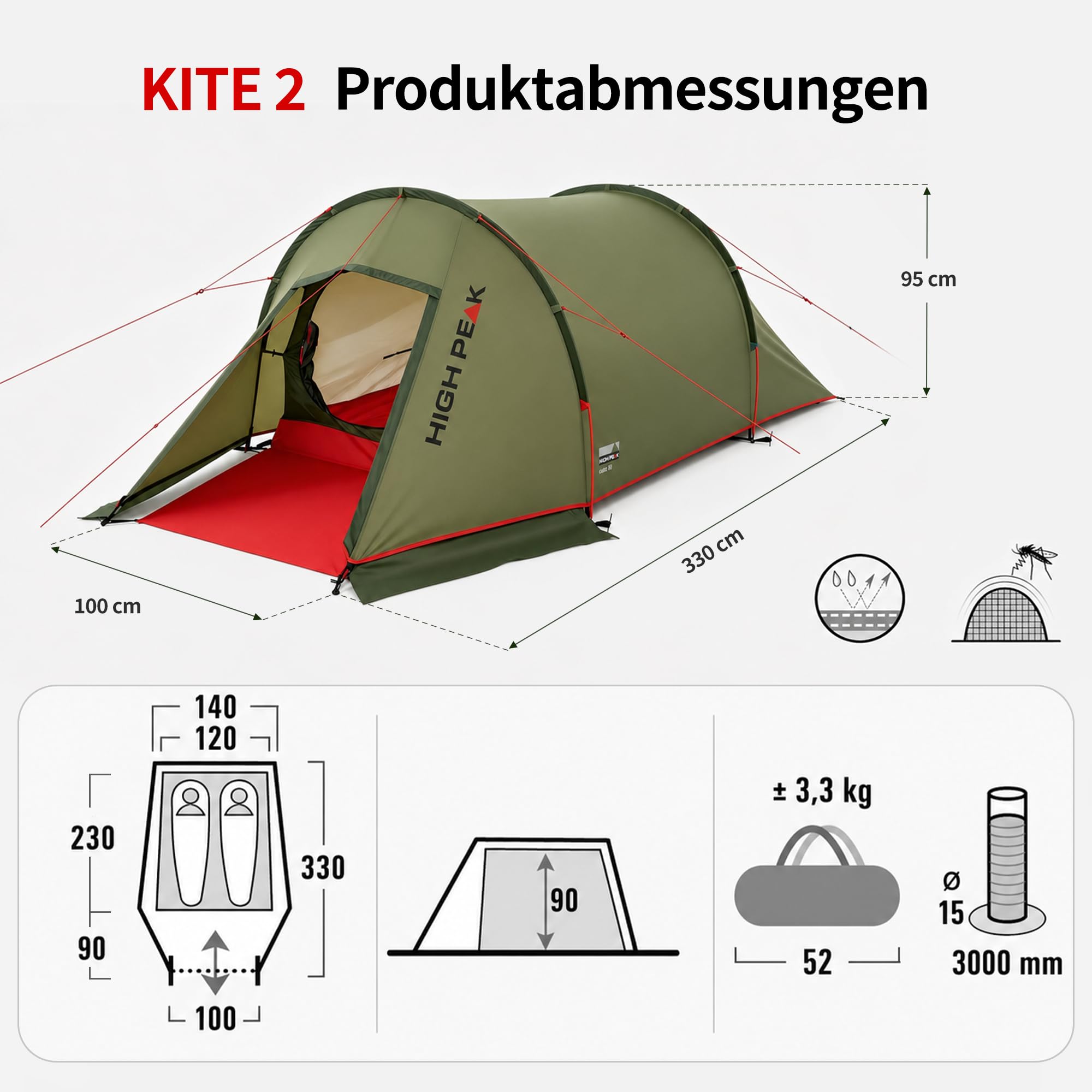 High Peak Trekkingzelt für 2–3 Personen mit Vorraum für Reisen