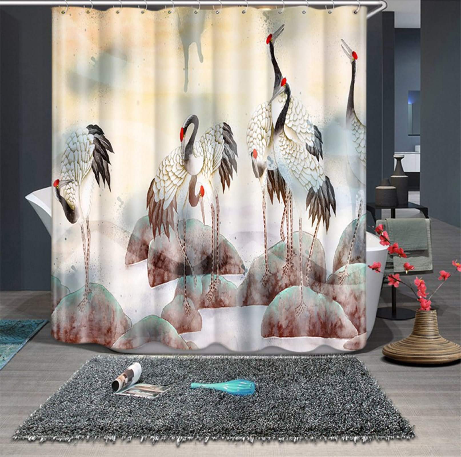 Rideau de douche japonais grues 200x180cm en textile lourd opaque gris 120g