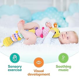 KMUYSL Baby Toys 0-12 Months, Musical Animal Stuffed Toy with Crinkle, Rattles & Lullaby, Plush Toy for Infant Newborn, Yellow Fabric Cotton