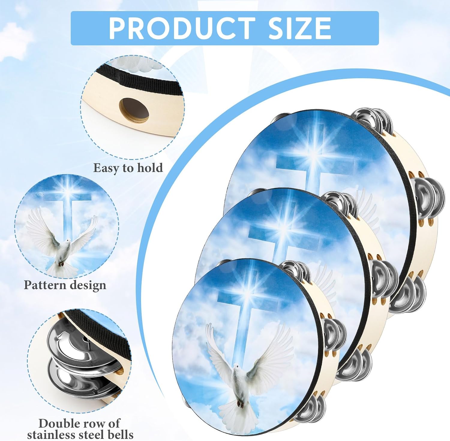 3 Pcs Dove Tambourines for Adults Church Christian Dance Tambourine Double Row Jingle Bible Hand Bell Clap Drum for Church Pray Party Percussion Musical Instrument