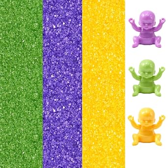 Mardi Gras King Cake Decoration Gift Box Kit Yellow Green Purple Sanding Sugars with King Baby - Colorful Colorful Babies