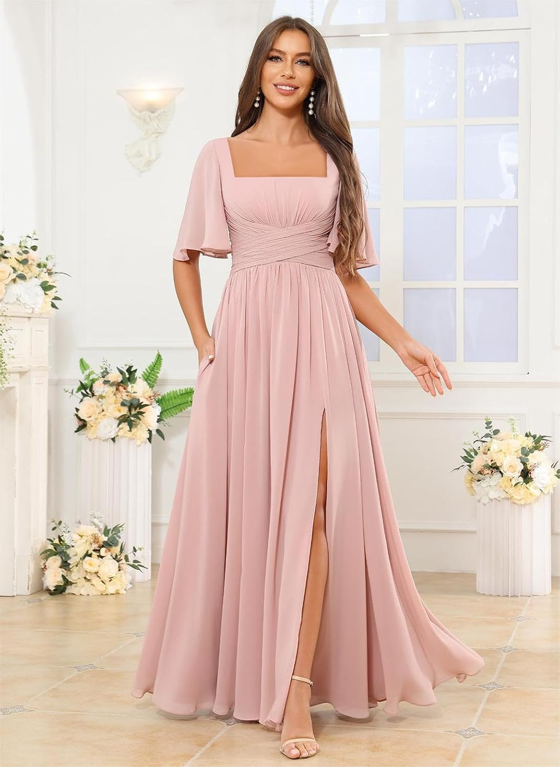 Women's Short Sleeve Chiffon Bridesmaid Dresses Slit Aline Formal Evening Gowns with Pockets