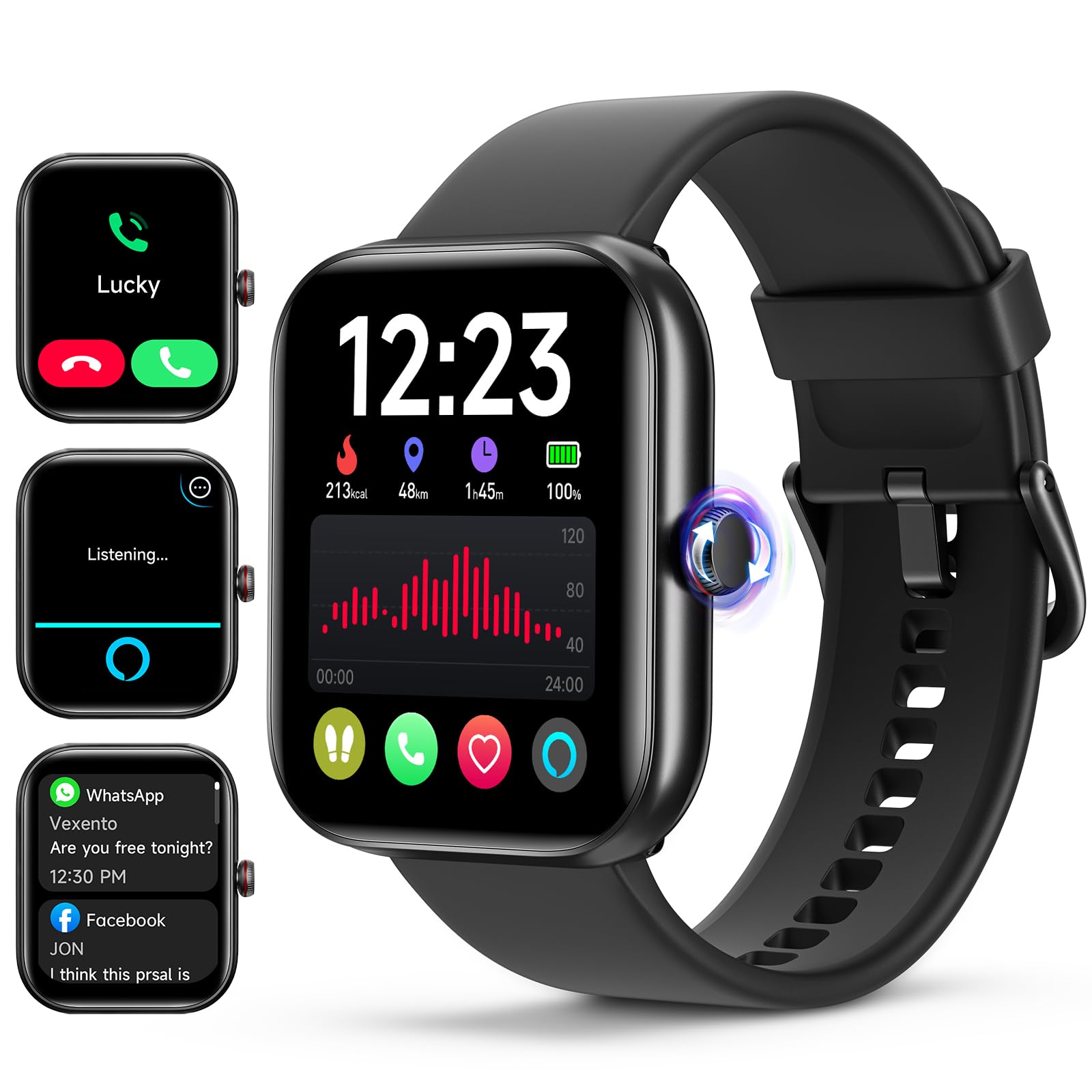 WMK Smartwatch Uom Orologio Fitness con Rispondere/effettuare Chiamate Cardiofrequenzimetro Sonno Alexa SpO2 Contapassi-IP68 Smart watch donna con 110+ Sportive calorie Giochi per iOS Android(Nero)