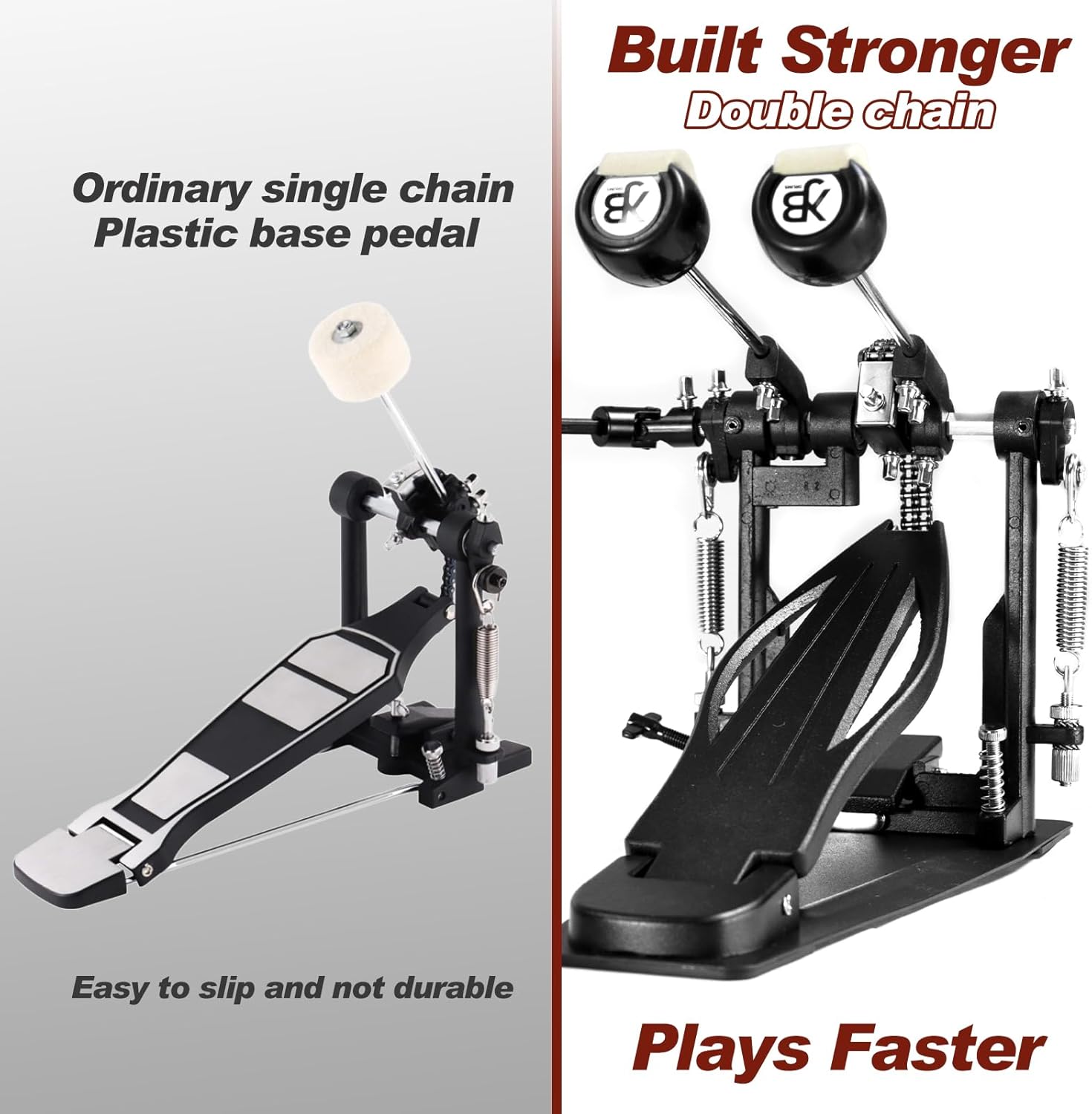 Double Bass Drum Pedal, Heavy-Duty Dual Chain Drive Double Kick Drum Pedal with Adjustable Beaters & Spring Tension, Power & Speed Bass Pedals for Drum Set & Drum Accessories, Non-Slip Base