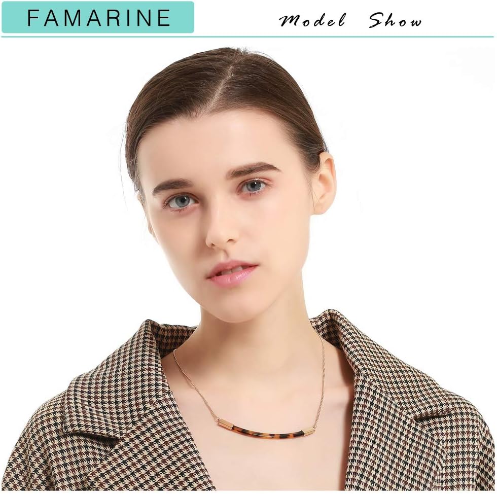 FAMARINE Tortoise Shell Collar Necklace, Tortoise Resin Curved Bar Pendant Thin Chain Necklace 17" for Women Lover - Image 2