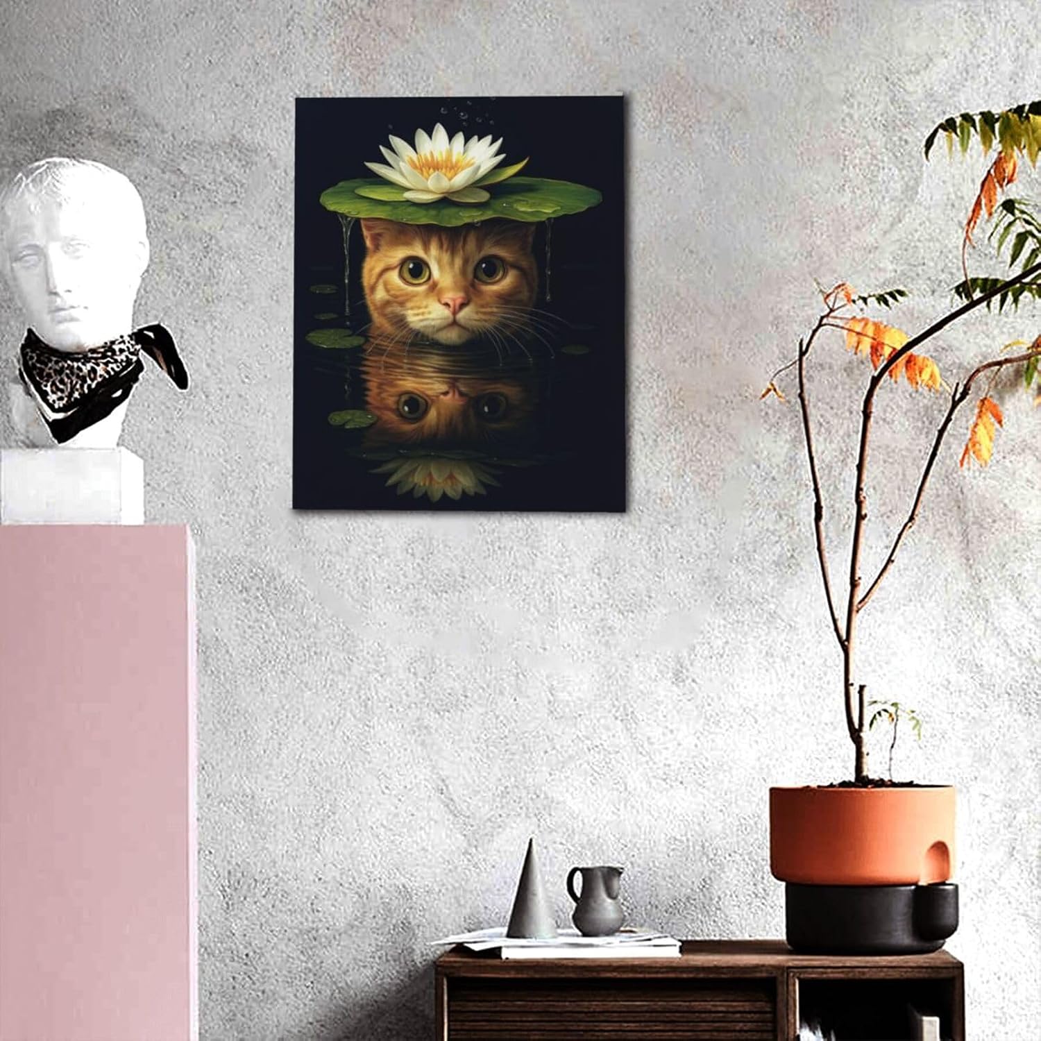 Cat Bathroom Wall Art For Woman Water Lily Kitten Canvas Wall Decor Oriental Asian Pictures Paintings Prints Vintage Aesthetic Artwork Framed Decorations For Bathroom Bedroom Living Room Office Gifts 16" x 20"