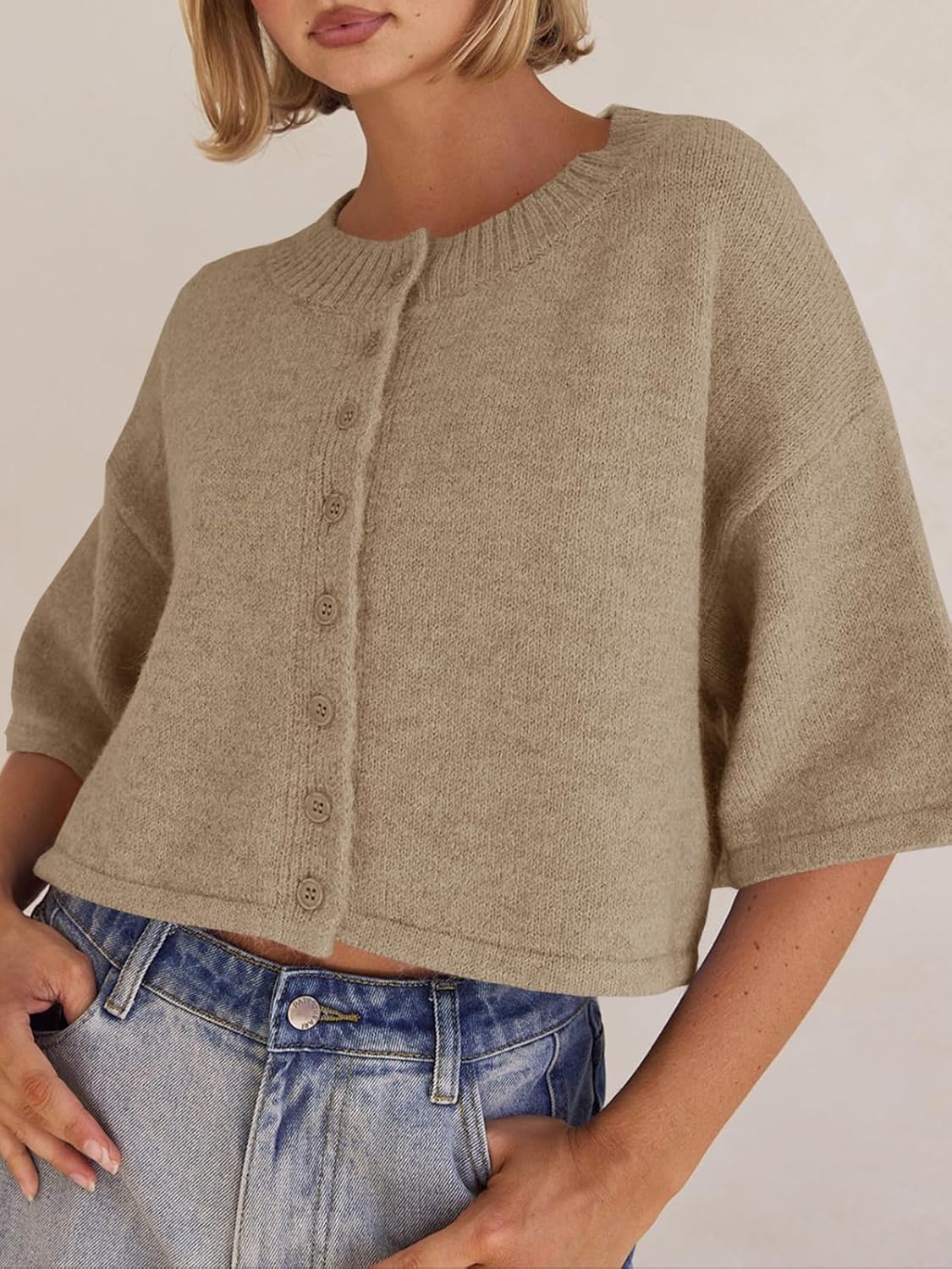 Saodimallsu Womens 3/4 Sleeve Cardigan Sweater Button Down Cropped Crewneck Cardigan 2025 Fall Casual Knit Tops - Image 3