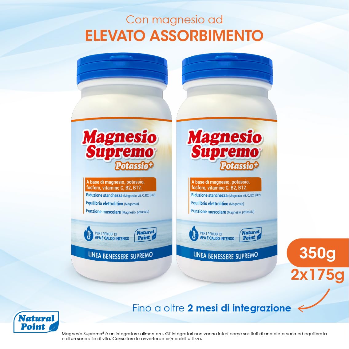 Potassio Integratore in Polvere, 350 g (2x175 g) | Con Magnesio Potassio Fosforo Vitamine B2 B12 C, Supporto Energia Attività Fisica Caldo e Afa