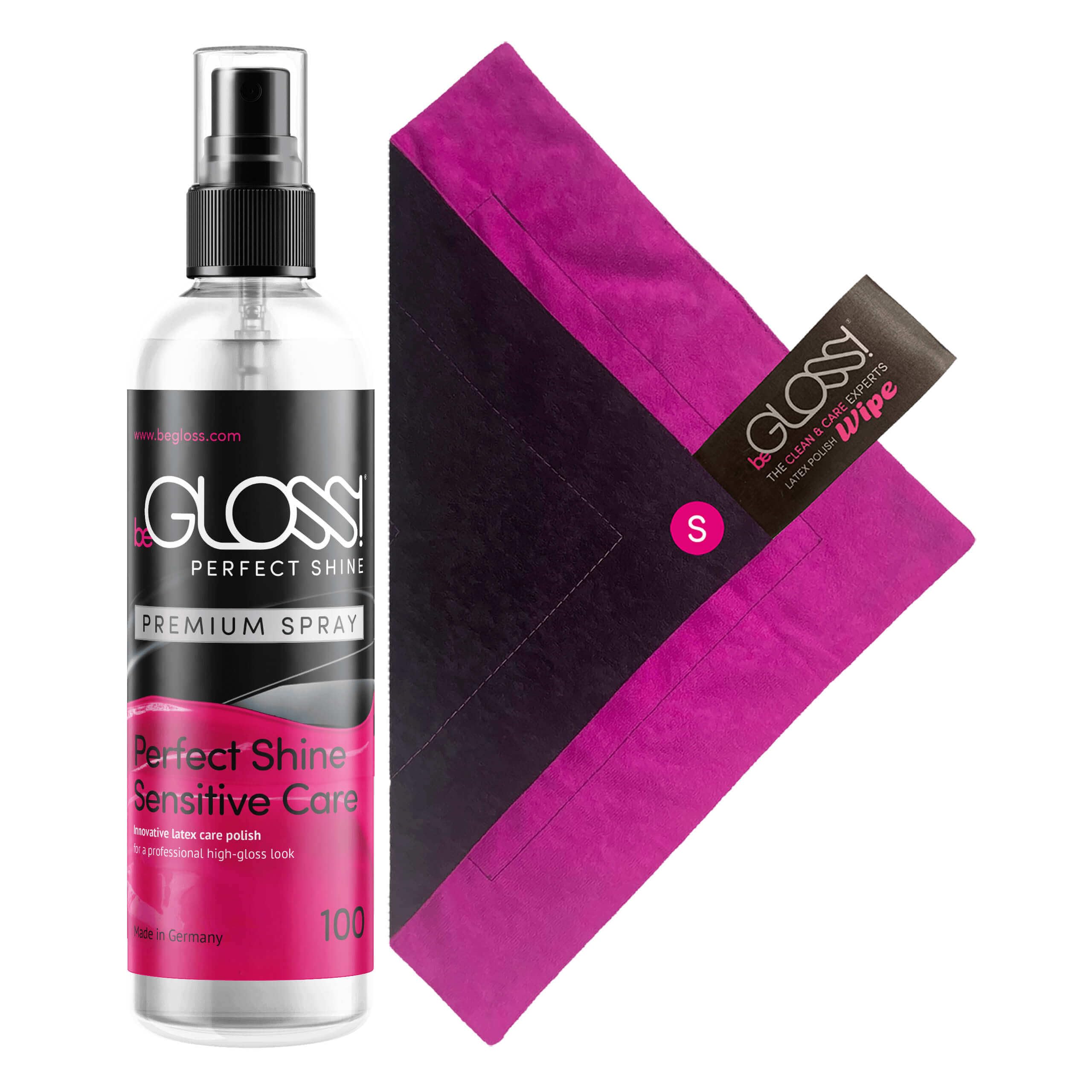 beGLOSS Perfect Shine Premium Spray + Wipe – Esmalte de látex – Último brillo alto – El lubricante para el pulido y el cuidado de prendas de goma y látex.