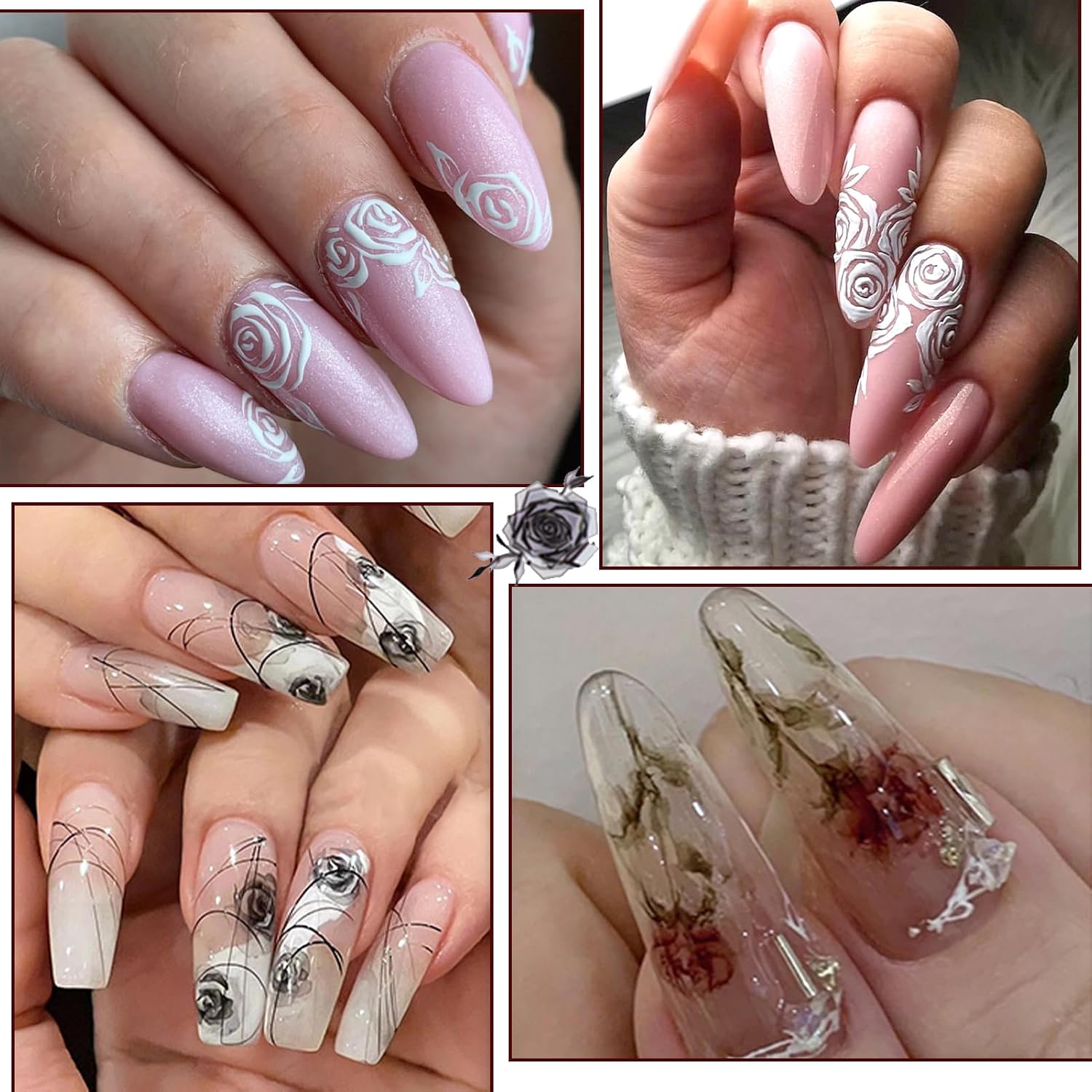IDDFEVE Rose Floral Nail Stickers, Semi-Transparent Flowers Self-Adhesive Nail Art Decals for Women Girls DIY Retro Love Valentine Manicure Design (3 Sheets)