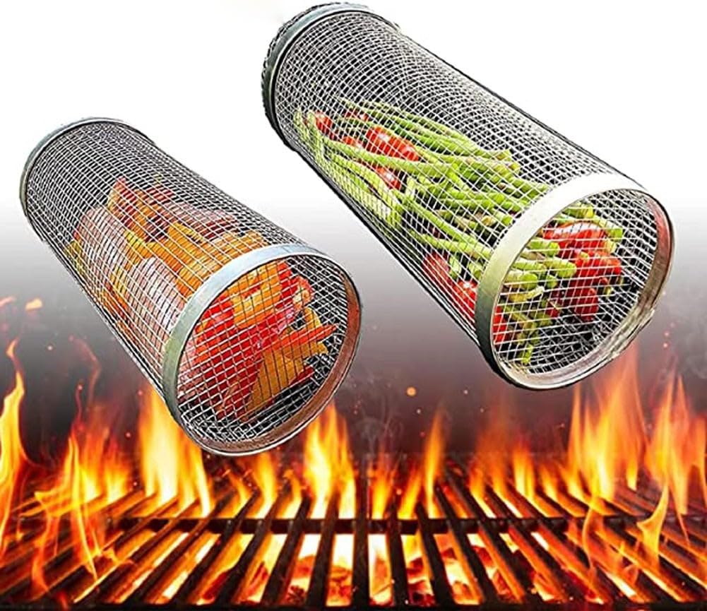 Rolling Grill Basket Roller Grilling Basket Vegetable and Fish Grilling Basket - BBQ Grill Cooking for Outdoor Grilling/Gas Grilling - Perfect Grilling Gift, Stainless Steel(Color:1,Size:)