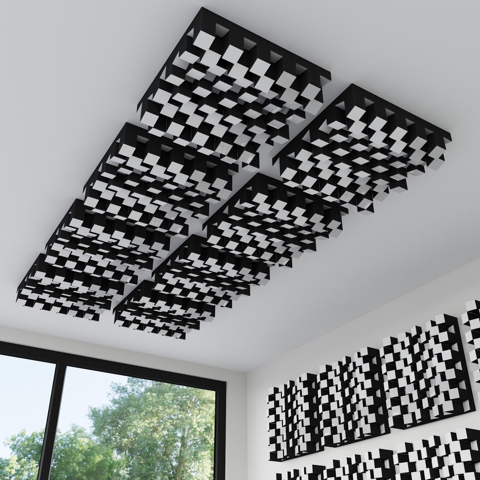 2-pak – samoprzylepny dyfuzor akustyczny "Sirius" | 50 x 50 cm | panel sufitowy i ścienny 2D QRD | łatwe przyklejanie dźwięku | sterowanie Echo i dyfuzja | Kolor: [biały błyszczący plastik |
