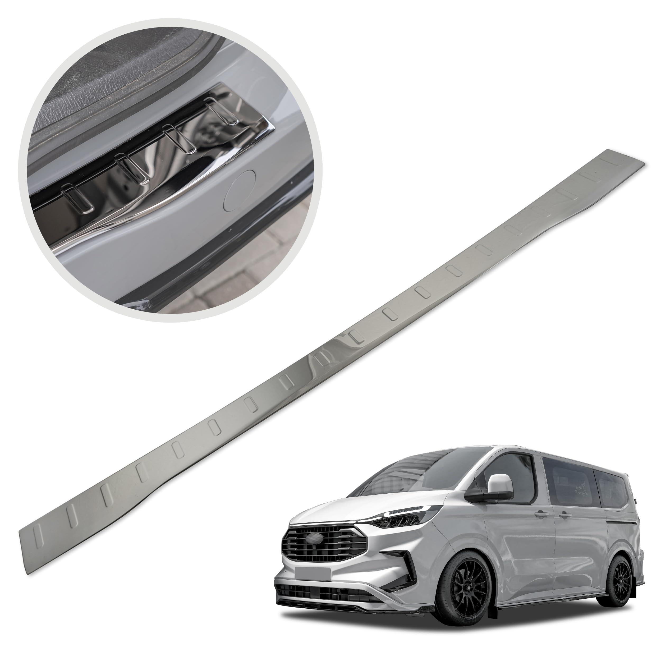 CHROMEMASTER | Protector de Parachoques Trasero Compatible con Ford Tourneo Custom 2023+; Acero Inoxidable, Pulido, Cromo Negro; Tira Protectora Protege la Pintura del Parachoques Trasero de Daños