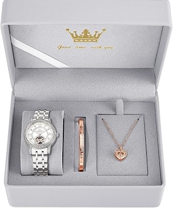 OLEVS Automatic Womens Watches Mechanical Diamond Skeleton Luxury Dress Silver Stainless Steel Waterproof Luminous Ladies Wrist Watches Gift Set