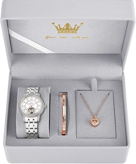OLEVS Automatic Womens Watches Mechanical Diamond Skeleton Luxury Dress Silver Stainless Steel Waterproof Luminous Ladies Wrist Watches Gift Set