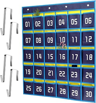 Numbered Pocket Chart, 30 Pockets Classroom Phone Storage with Hooks Hanging Organiser Over The Door Classroom Storage Bag Phone Holder Hanging Organizer with Numbers