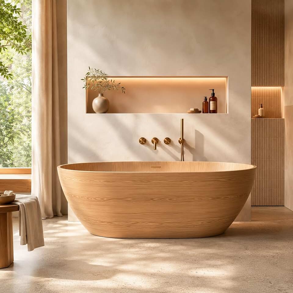 Freestanding Bathtub - Solid Surface Bathtub, Wood-Grain Soaking Tub With Sculptural Oval Silhouette, Thick Rim and Wide Deep Basin for Modern Luxury Bathrooms (71",Wood Tone)