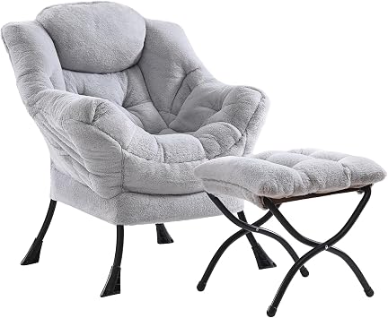Plush Lazy Chair and Ottoman, Large Light Grey Contemporary Accent Lounge Chair with a Side Pocket, Modern Leisure Upholstered Reading Armchair with Footrest for Office, Bedroom, Living Room