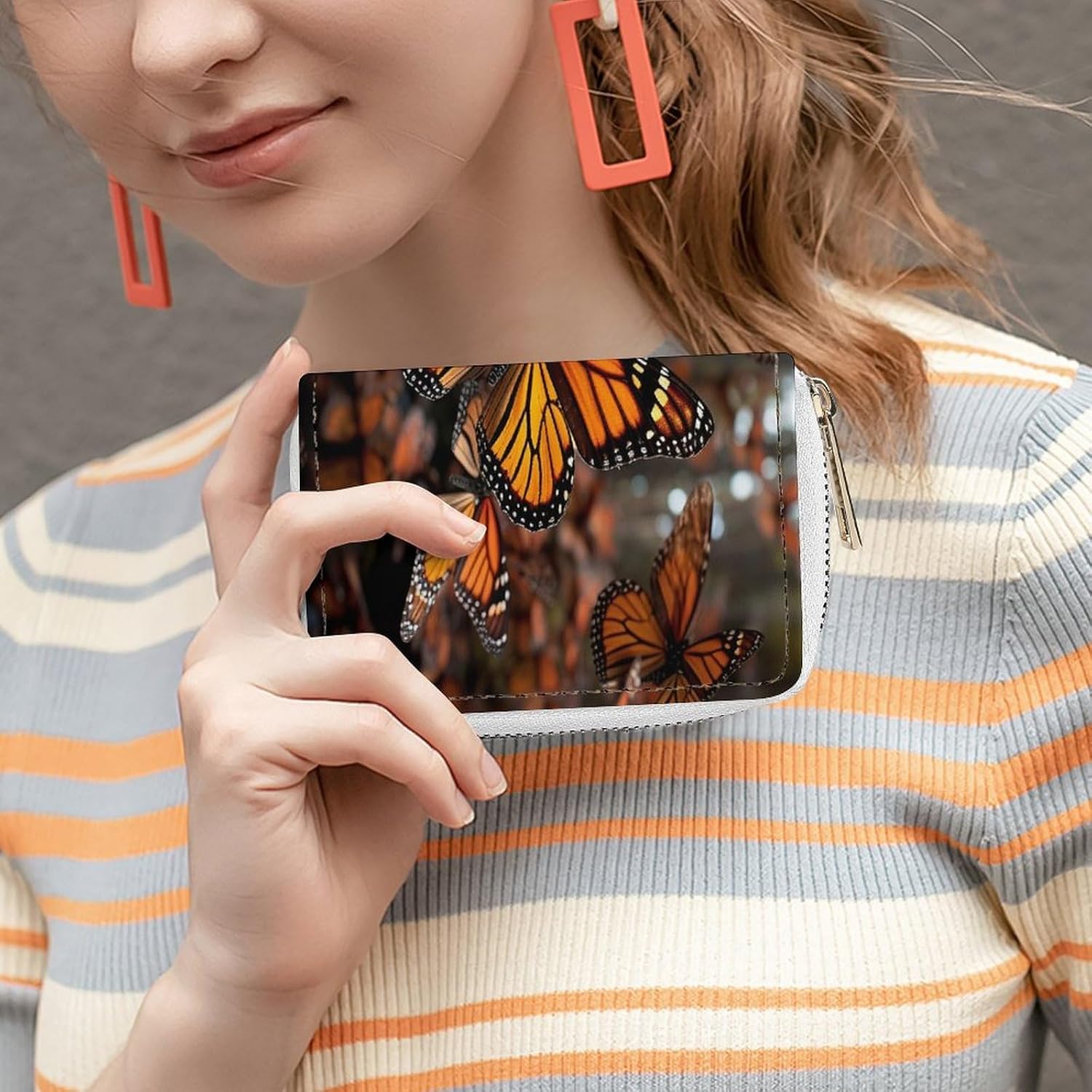 Leather Card Organizer Case Card Wallet Credit Card Holder Monarch Butterflies Printed Zipper Card Cases Holder for Women Men