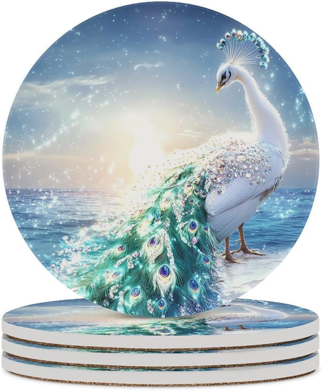 White Peacock Beach Funny Round Ceramic Coasters for Drink Absorbent Cup Holders Tabletop Protection