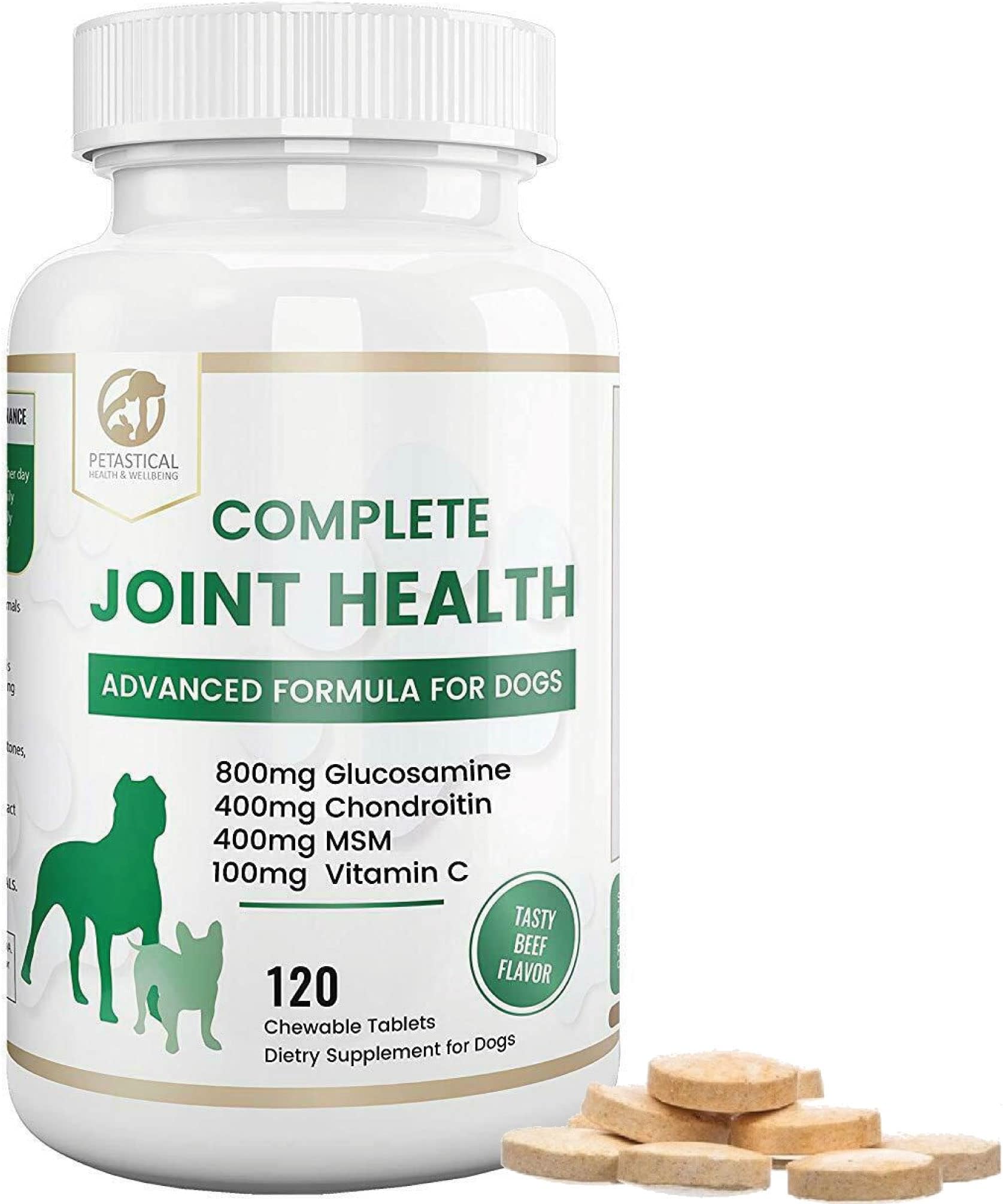 Petastical Hip & Joint Care for Dogs - Joint Aid with 800mg Glucosamine - Triple Strength includes Chondroitin, MSM and Vitamins - 120 Chewable Tablet Treats