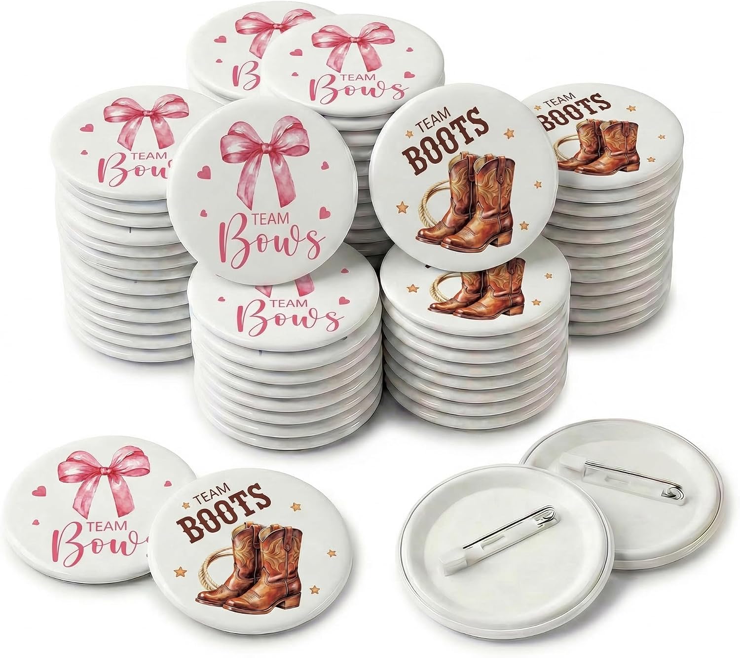 50pcs Boots or Bows Gender Reveal Button Pins, 1.5" Bow or Boot Gender Reveal Decorations, Team Boots or Bows Gender Reveal Party Supplies