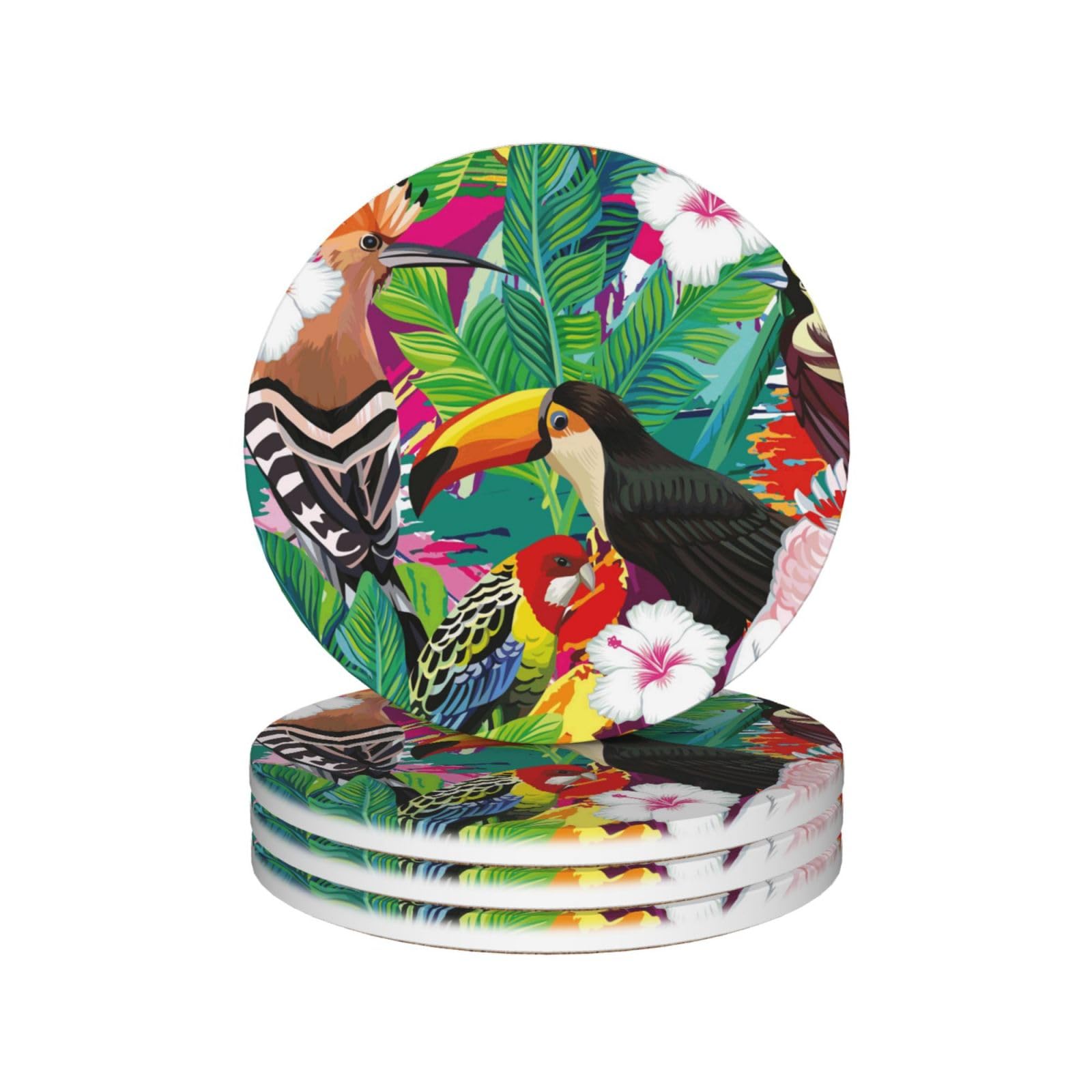 Dessous de verre en céramique lot de 4 avec motif oiseaux tropicaux et feuilles