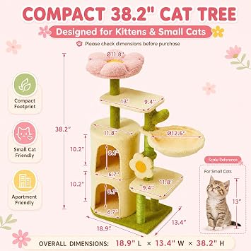 Erinnyees 38.2-Inch Flower Cat Tree for Kittens & Small Cats, 2 Condos