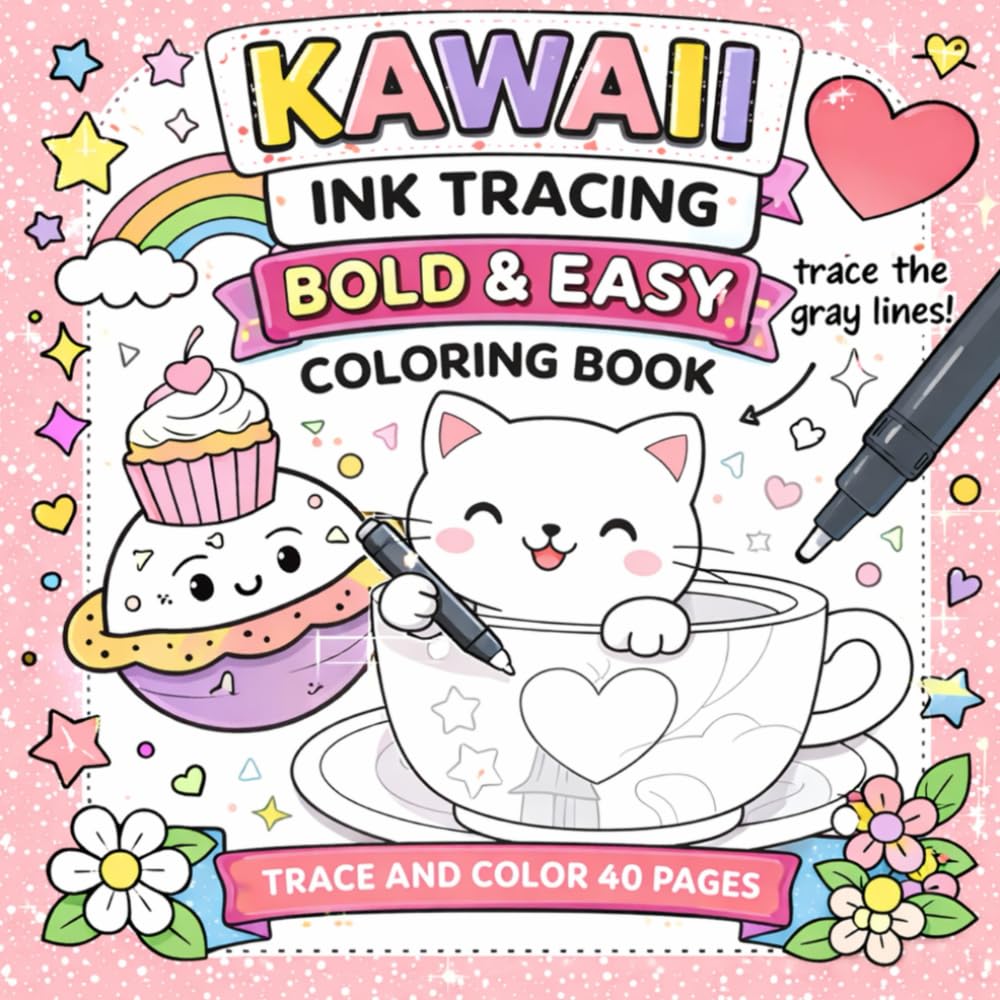 Kawaii Ink Tracing Bold and Easy Coloring Book: 40 Cute Coloring Pages with Gray Outlines for All Ages