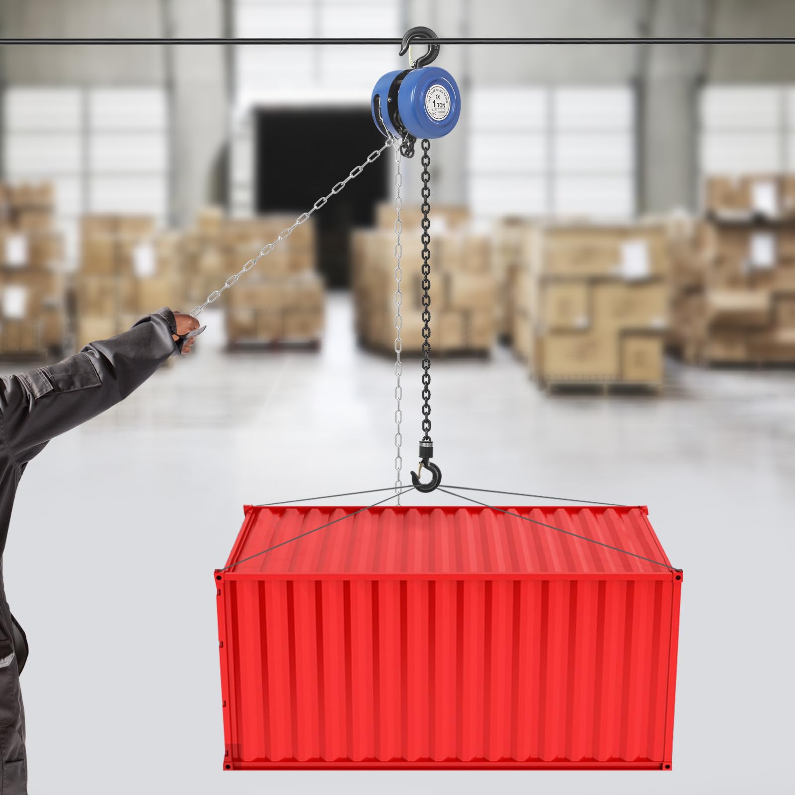 Carrello a catena manuale, altezza di sollevamento 3 m, lunghezza della catena 3 m, catena in acciaio con gancio girevole a 360°, per garage, officina, magazzino (blu, 1000 kg)