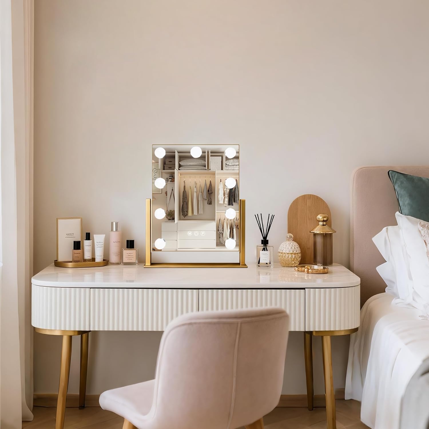 Moonee Vanity Mirror with Lights, Gold Hollywood Lighted Makeup Mirror with 9 Dimmable Bulbs and 10X Magnification 360°Rotation, 3 Colors Modes, Light Up Mirror for Tabletop（12" x 14"）