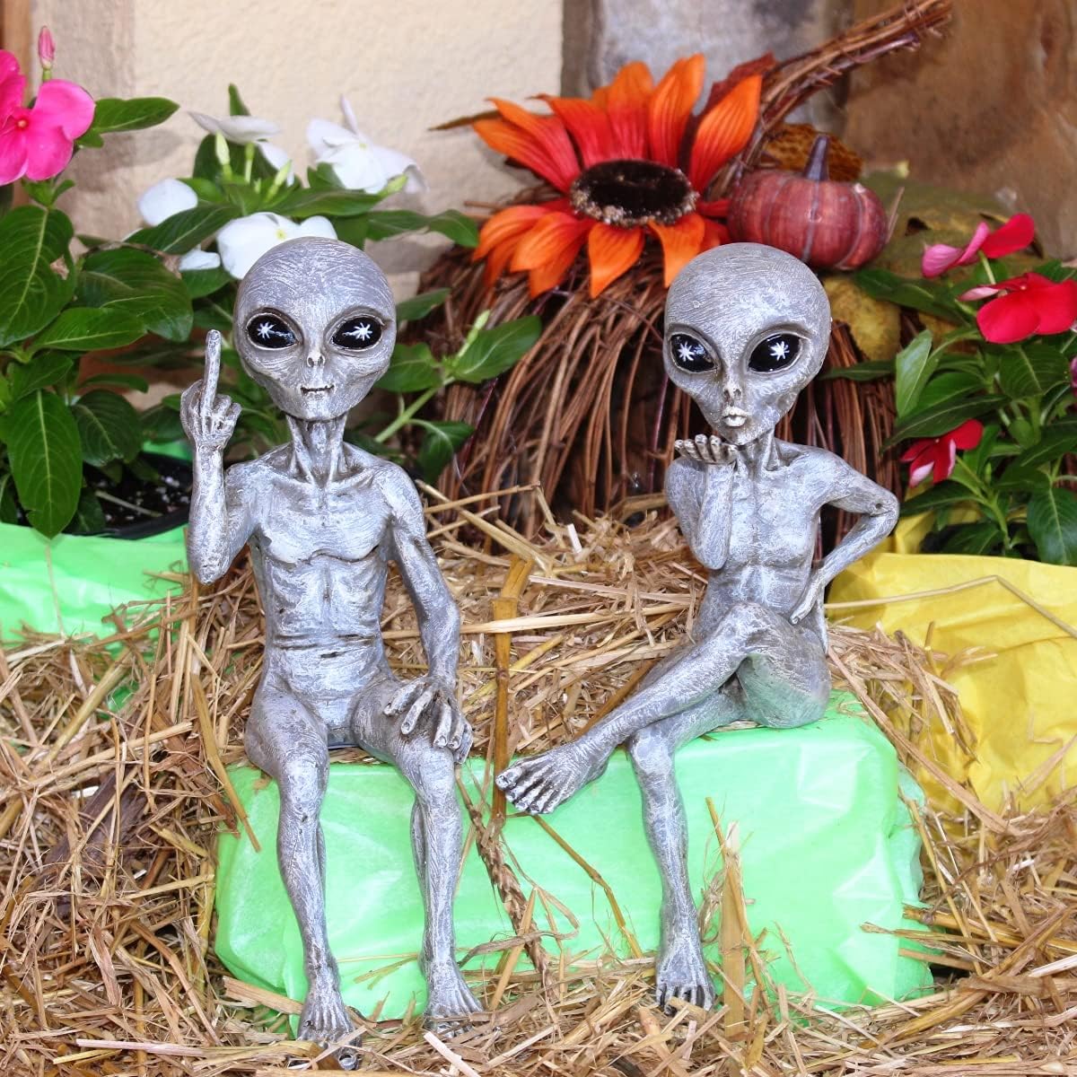 John Bernard & Company “Rude & Flirty” Alien 10” H Shelf Sitter Assortment Extraterrestrial Figurine Set Indoor/Outdoor Funny Home Patio or Garden Decoration – Set of 2 (Alien Gray)