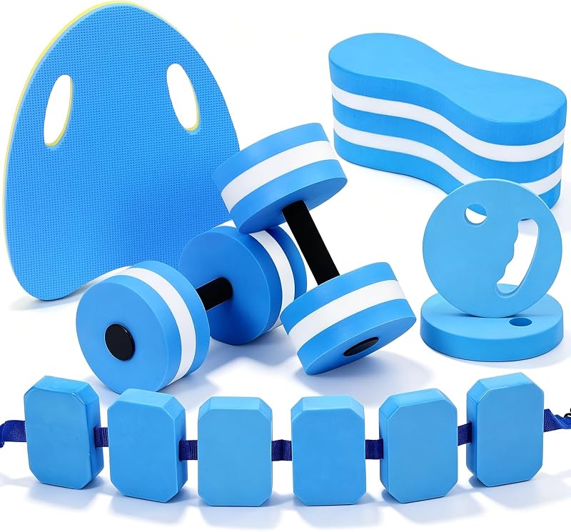 Thenshop Juego de 7 aeróbicos acuáticos, equipo de fitness para pileta incluido tabla de natación, pesas de ejercicio acuático, boya de tracción, cinturón de natación acuático, discos de ejercicio acuático, pesas para entrenamiento aeróbico