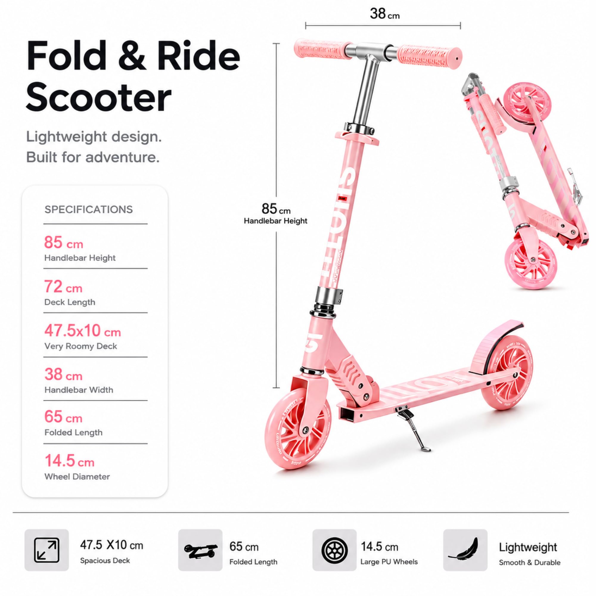 Hulajnoga Dziecięca z Podświetlanymi Kołami 145 mm, Nośność: 100 kg, Składany, z Regulacją Wysokości, Scooter dla Dzieci w Wieku 3-12 lat, Aluminium (Różowy) | Nośność 100 kg, składana, z regulacją wysokości, hulajnoga miejska dla chłopców i dziewczynek,