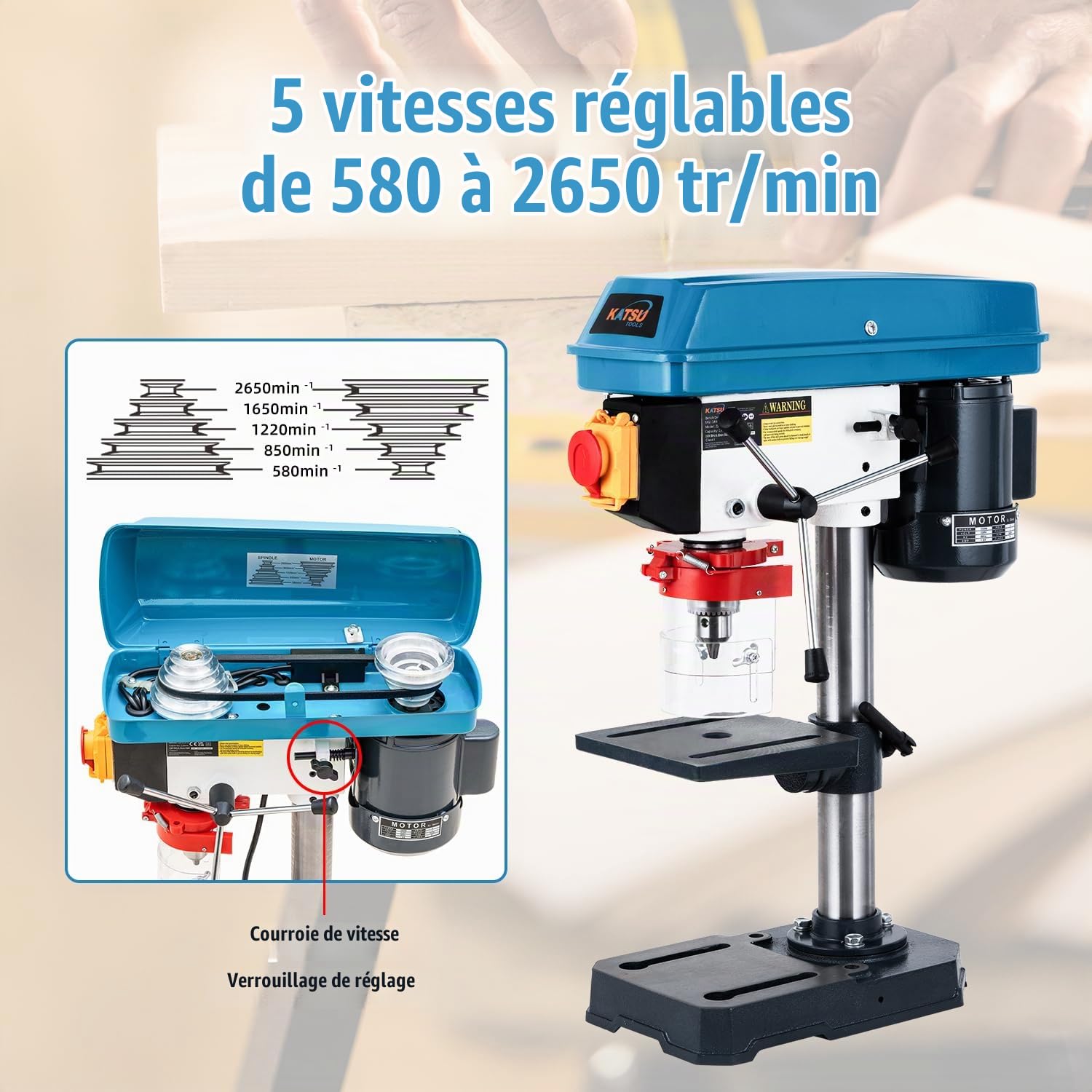 KATSU Tools Perceuse à colonne 350 W – mandrin 13 mm, 5 vitesses, profondeur max 50 mm, 2650 tr/min, table réglable